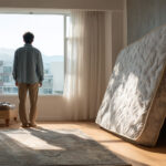 A person wondering how to get rid of a bulky old mattress in their bedroom.