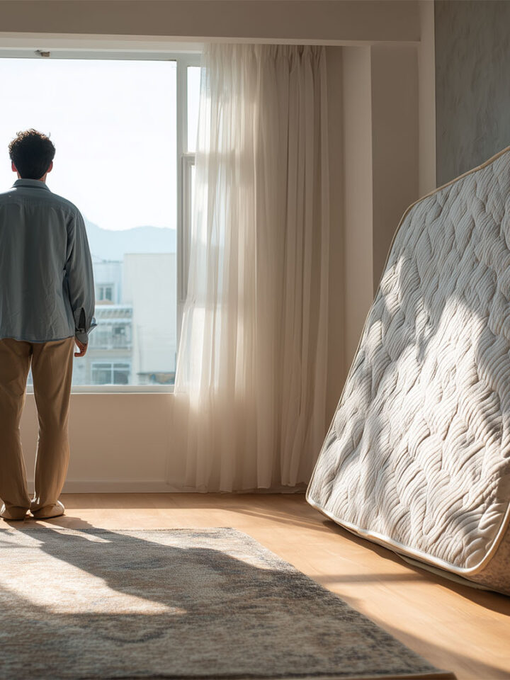 A person wondering how to get rid of a bulky old mattress in their bedroom.