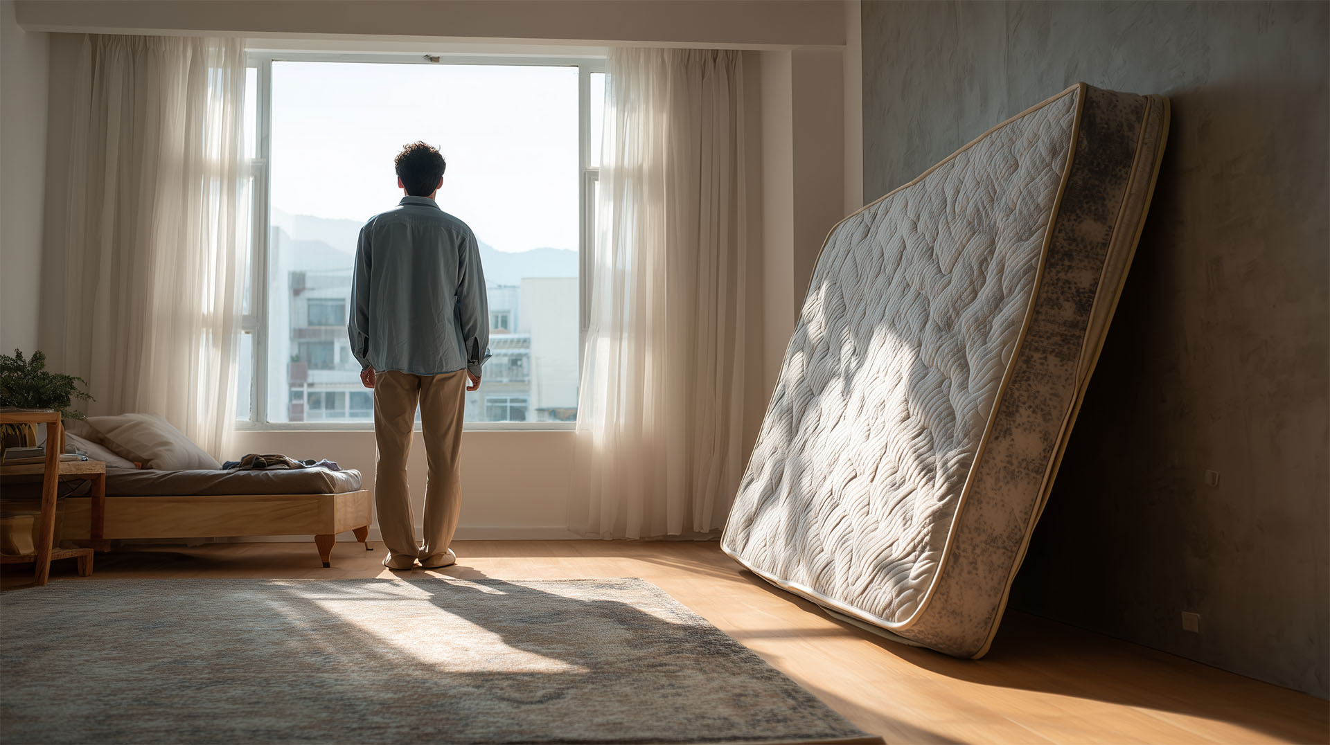 A person wondering how to get rid of a bulky old mattress in their bedroom.