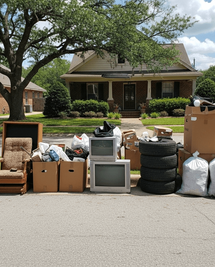 A variety of household junk—furniture, electronics, tires, and bagged waste—lines a Shreveport street, ready for pickup.