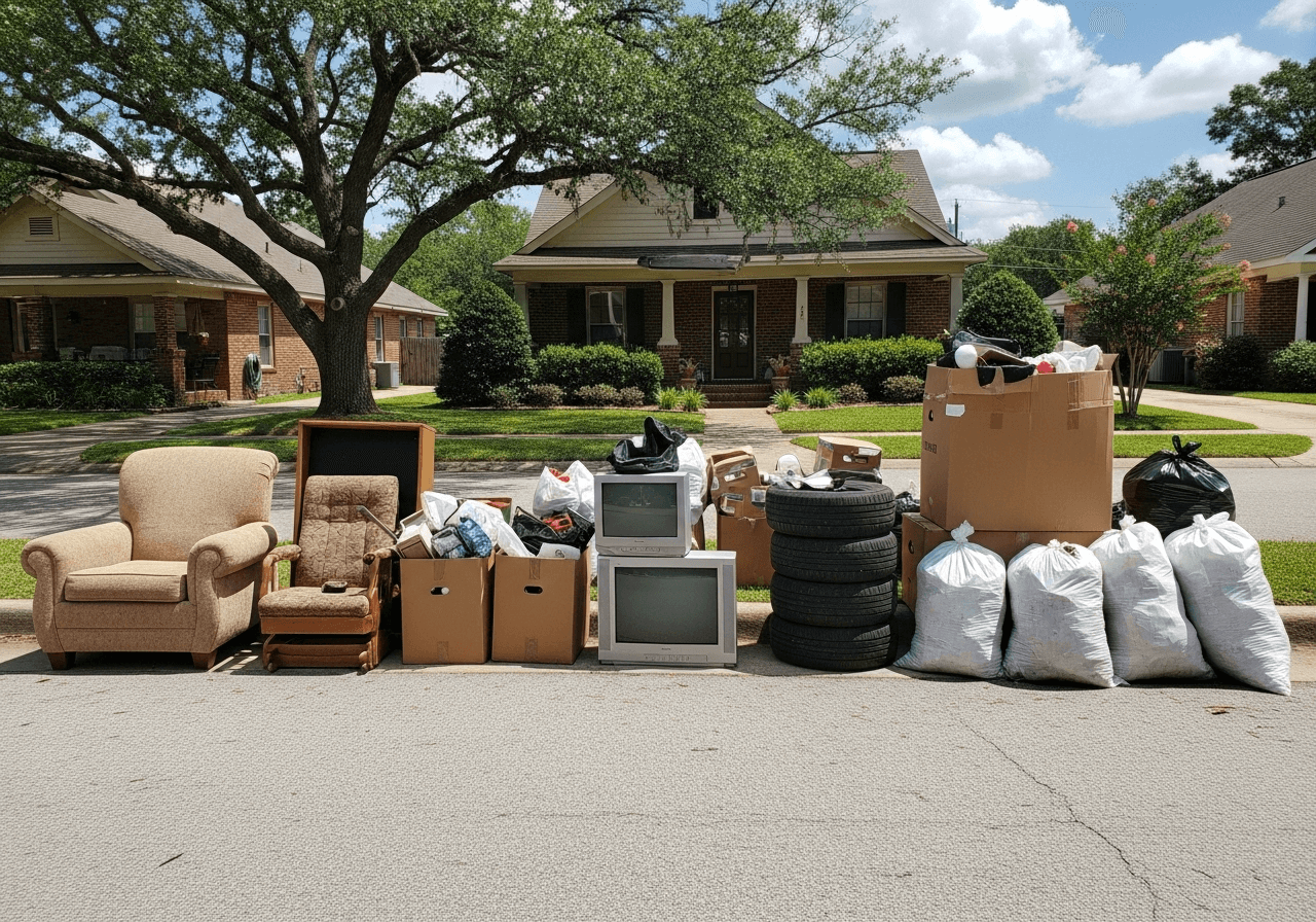 A variety of household junk—furniture, electronics, tires, and bagged waste—lines a Shreveport street, ready for pickup.